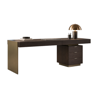 Large 70.9" Home Office Desk Smoked Wood Veneer Antique Brass Brushed Hardware Writing Desk A27‑B89‑HS‑217