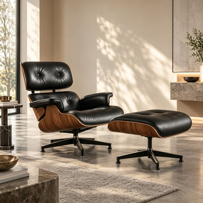 Mid‑Century Eames Style Lounge Chair & Ottoman Set Full Top‑Grain Leather Bent Wood Frame