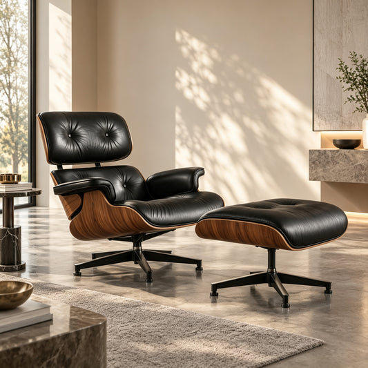 Mid‑Century Eames Style Lounge Chair & Ottoman Set Full Top‑Grain Leather Bent Wood Frame