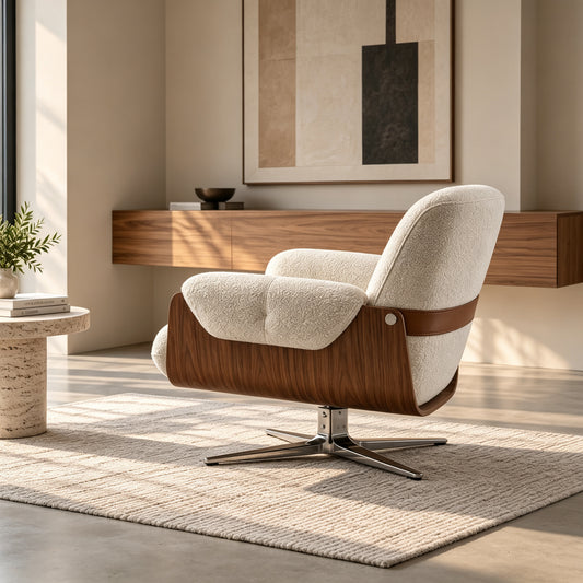 Modern Swivel Accent Chair, Wood Bent Frame Stainless Steel Base Upholstered Lounge Armchair 567‑I15