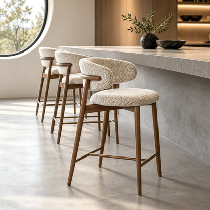 Modern Curved Back Bar Stool White Ash Wood Upholstered Counter Height Chair I16‑BY03