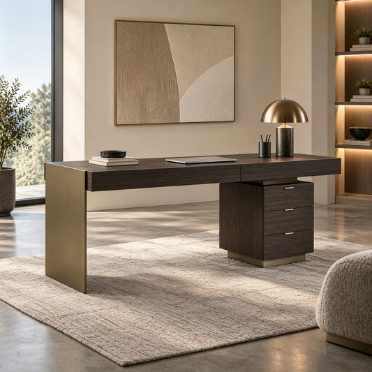 Large 70.9" Home Office Desk Smoked Wood Veneer Antique Brass Brushed Hardware Writing Desk A27‑B89‑HS‑217
